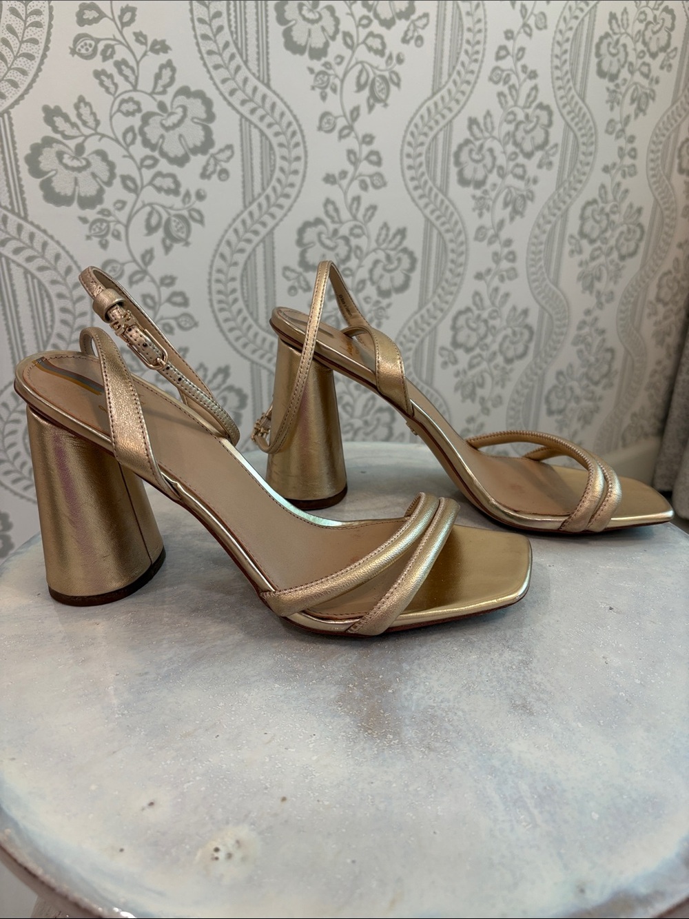 Sam Edelman Metallic Gold Strappy Square Toe Block Heels - Picture 2 of 5